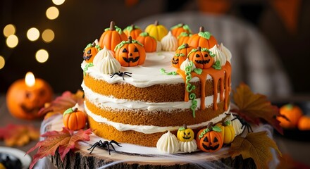 Halloween Pumpkin Cake with Cream Cheese Frosting and Fondant Pumpkins