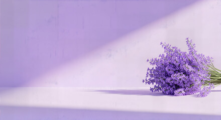 Elegantly arranged lavender bouquet casts soft shadows enhancing peace and promoting relaxation in a soothing monochromatic setting