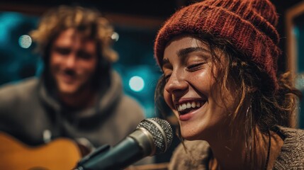 Two musicians working together in a recording studio, woman with glasses singing into microphone while man plays guitar, creative collaboration shown