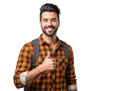 A young man with a beard wearing a plaid shirt and backpack gives a thumbs up gesture isolated on transparent background