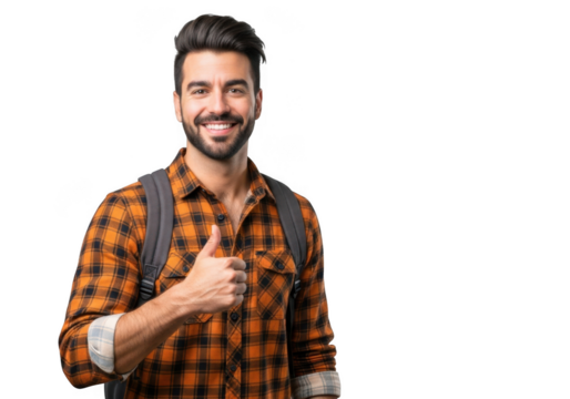 A young man with a beard wearing a plaid shirt and backpack gives a thumbs up gesture isolated on transparent background - Powered by Adobe
