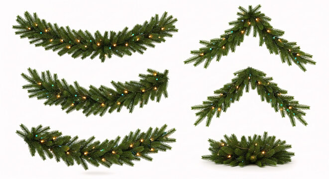 A set of pre-lit artificial green Christmas garlands and swags arranged in various shapes on a white background.