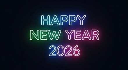 Vibrant neon sign illuminating the message happy new year 2026 against a dark backdrop, creating a festive and modern atmosphere for celebrations