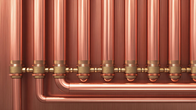 Close-up of copper pipes and fittings, showcasing plumbing system infrastructure. The arrangement highlights a network of tubes and connections.