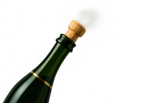 Green champagne bottle with cork popping and smoke rising, celebrating festive moments and events on transparent background