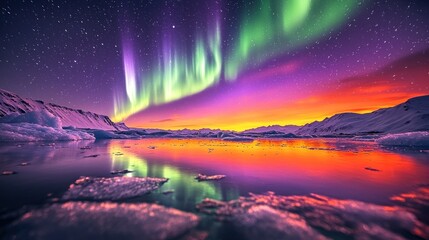 Aurora Borealis paints the night sky over icy, reflective water