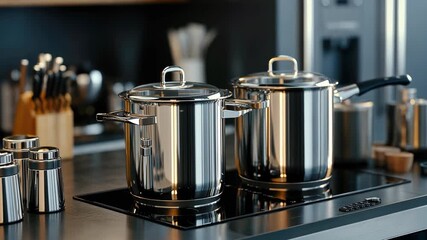 Shiny stainless steel pots and pans rest on a kitchen counter while preparing for cooking. The setting is bright and organized