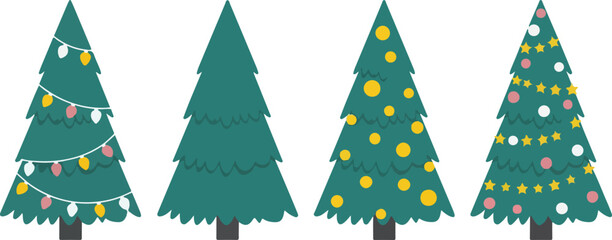 Illustrations of four Christmas trees offering a variety of decorating ideas, from simple to festive, perfect for the holiday season.