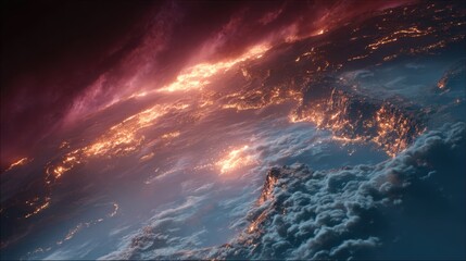Fototapeta premium Artistic depiction of Earth from space with city lights and cloud formations at dusk
