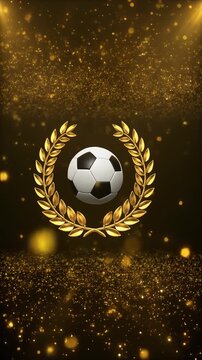 Soccer Ball with Golden Laurel Wreath and Glitter Particles　黒背景に金色の月桂冠と回転するサッカーボールと光の粒子　縦型　動画