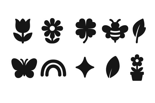 Nature, springtime solid icon set. Flowers, leaves, insects silhouette collection