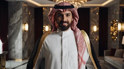 A man dressed in traditional Middle Eastern attire standing in an elegant and luxurious hotel lobby with marble floors, sophisticated decor, and warm lighting