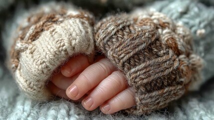 Close up of orange and green knitted mittens showing detail and texture in cold weather, warmth