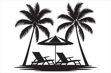 A tropical beach scene with palm trees chairs and an umbrella