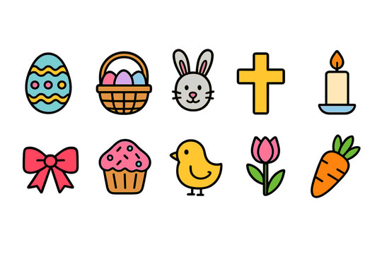 Easter, spring festival icon set. Colorful outline symbols of easter celebration - Powered by Adobe