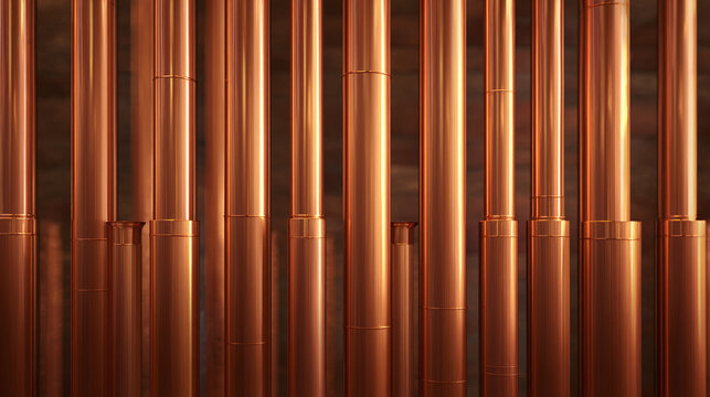 An abstract close-up shot of copper pipes, bathed in warm, inviting light. The repeating pattern creates a sense of order and elegance. The image evokes a feeling of industrial design.