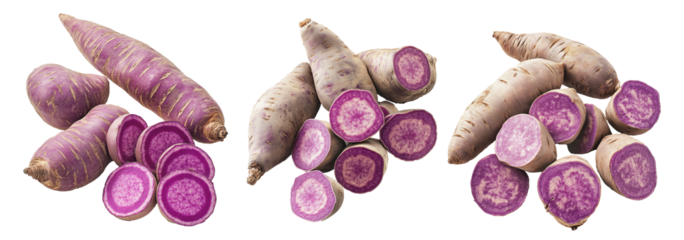 Fresh purple sweet potatoes, whole and sliced, isolated on white transparent background. Healthy food concept.