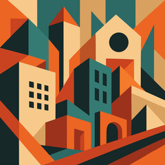 Abstract geometric cityscape with colorful buildings in a modern style