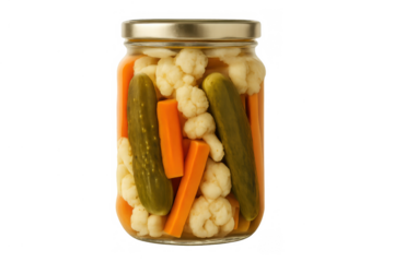 Mixed pickled vegetables in a jar, including gherkins, carrots, and cauliflower, preserving food for a healthy diet