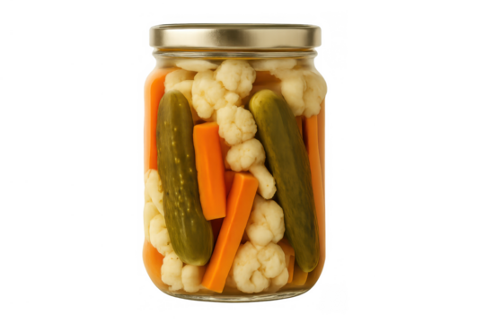 Mixed pickled vegetables in a jar, including gherkins, carrots, and cauliflower, preserving food for a healthy diet