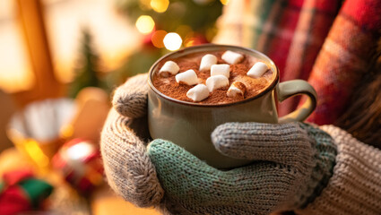 Close-up of warm cocoa topped with soft marshmallows held in knitted winter mittens, with golden holiday lights and festive colors creating a cozy, comforting seasonal atmosphere