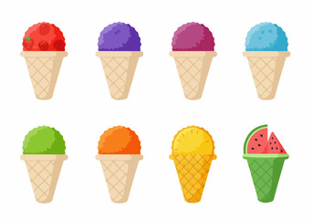 Colorful shaved ice and fruit dessert collection in waffle cones, featuring strawberry, grape, blue raspberry, lime, pineapple, and watermelon flavors.