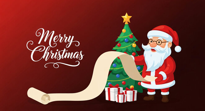 Santa Claus reads his long naughty or nice list next to a decorated Christmas tree with presents.