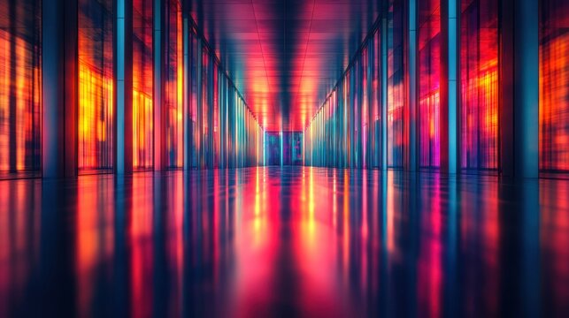 Corridor illuminated in vivid, reflected red, orange, and blue light