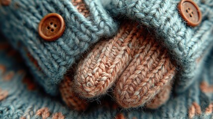 Close up of orange and green knitted mittens showing detail and texture in cold weather, warmth