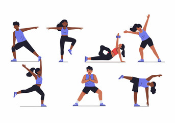 Diverse Group Exercising: People Performing Yoga and Fitness Poses, Healthy Lifestyle, Vector Illustration Set.