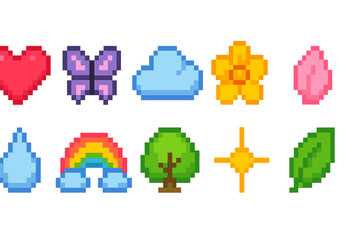 Nature and weather pixel icon set. Vibrant pixelated outline icons collection