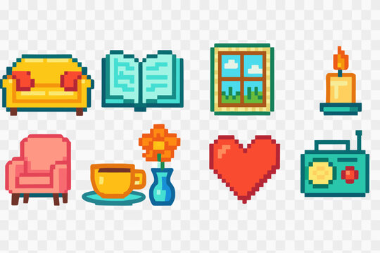 Home and lifestyle flat icon set. Cozy living, comfort, decor, and relaxation icons