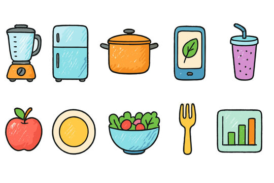 Food and cooking doodle icon set. Hand-drawn, colorful kitchen tools and ingredients