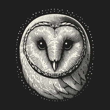 Intricate Barn Owl Illustration on Black Background.