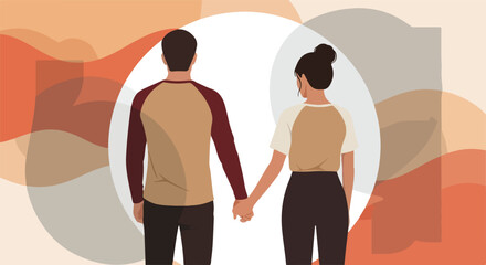 A man and woman holding hands, seen from behind, against an orange and white abstract background.