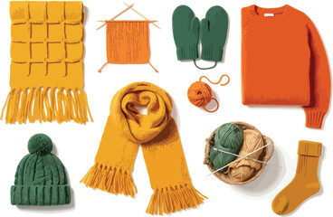 A collection of winter knitted accessories in yellow, orange, and green, including scarves, beanies, gloves, sweaters, socks, and skeins of yarn.