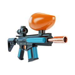 paintball gun with orange hopper and scope (Transparent Background PNG)