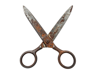 Pair of rusty antique metal scissors isolated on transparent background