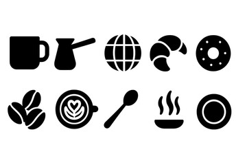 Coffee and breakfast solid icon set. Morning, cafe, breakfast icons collection