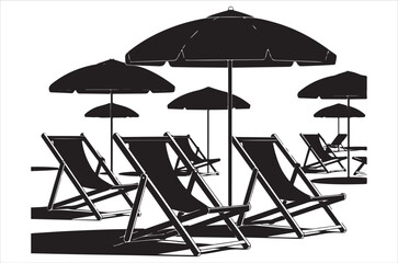 Beach umbrellas and lounge chairs in a simple black and white illustration