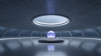 Futuristic Sci-fi Chamber with Purple Sphere and Circular Skylight