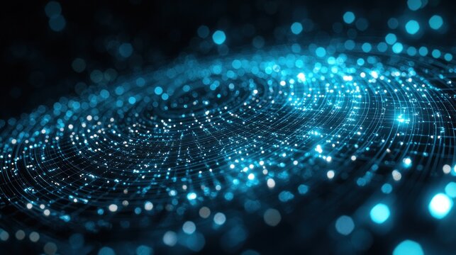 Glowing blue swirl pattern of connected dots forming a complex, digital network