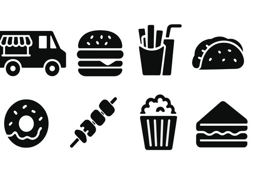Street food silhouette icon set. Food truck, burger, fries, taco icons silhouette collection