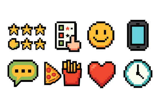 Pixel art icon set. Retro, game themed 8-bit style icons for digital projects