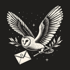 Owl Delivering Letter with Olive Branch in Flight.
