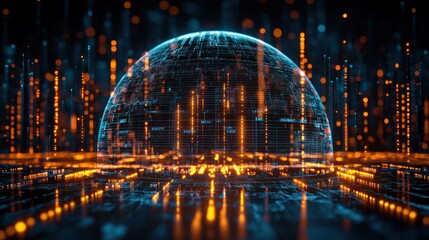 Glowing grid dome with orange data streams and dark reflective floor, bokeh background