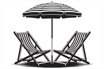 Black and white illustration of a beach umbrella and two deck chairs