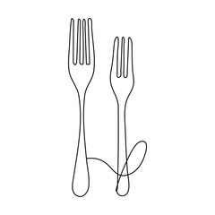 Continuous one line drawing.Forks, spoons, knife plates and all eating and cooking utensils, can be used for restaurant logos, cakes, business art, banners and others. Black and white vector Design.