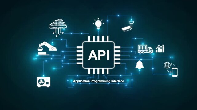 Dynamic A P I Integration Concept with Digital Connections and Technology Symbols API integration application programming interface. 4k video glowing animation