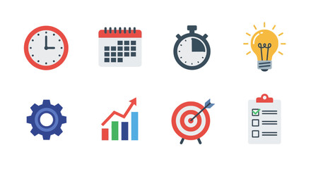 Business and productivity icons: time, strategy, success, and innovation